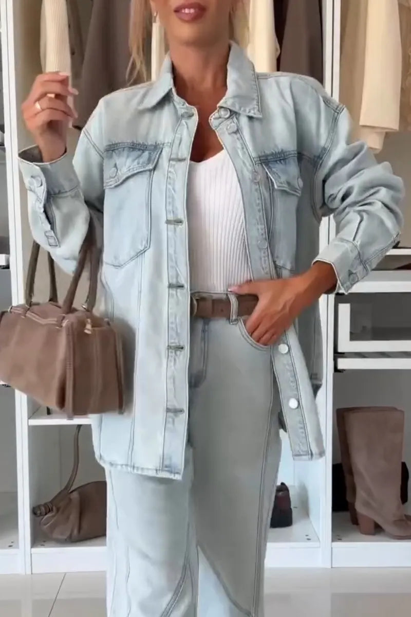 Women's Collar Washed Denim Jacket with Breasted Buttons or Patchwork Jeans