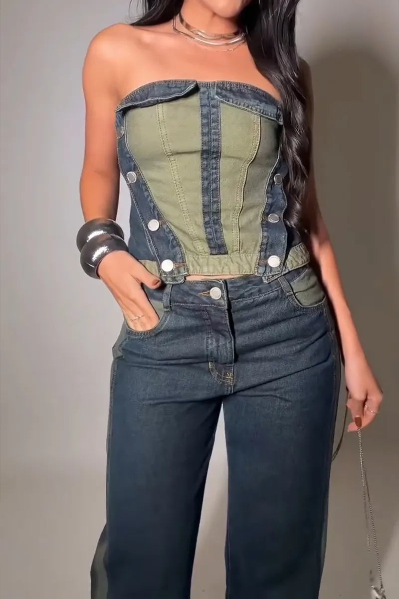Women's Casual Color Block Denim Bustier or Cropped Jeans