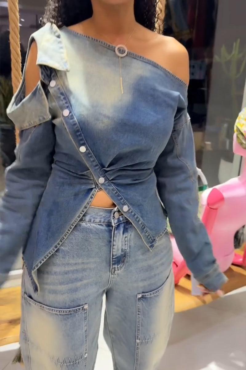 Women's Fashion Lapel Button Asymmetric Denim Top or Jeans