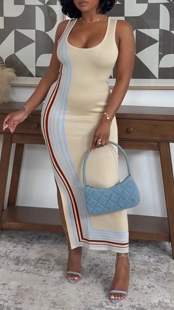 Women U-neck Sleeveless Slim Fit Colorful Vertical Stripe Side Buckle Slit Elegant Casual Maxi Dress