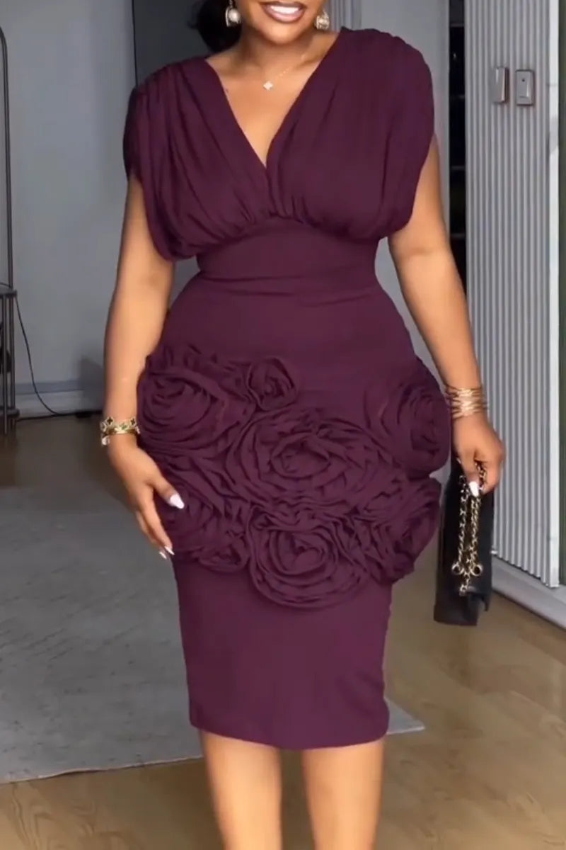 Women V-neck and Waist Cinched Three-dimensional Flower Elegant Temperament Midi Dresses