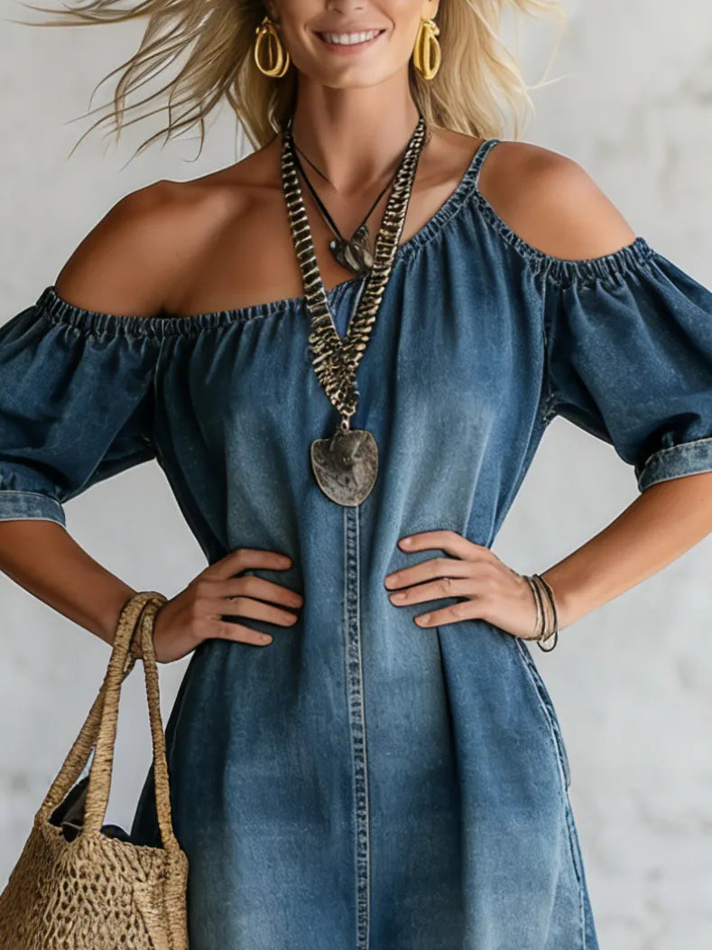 Elegant Off-shoulder Slit Hem Denim Maxi Dress