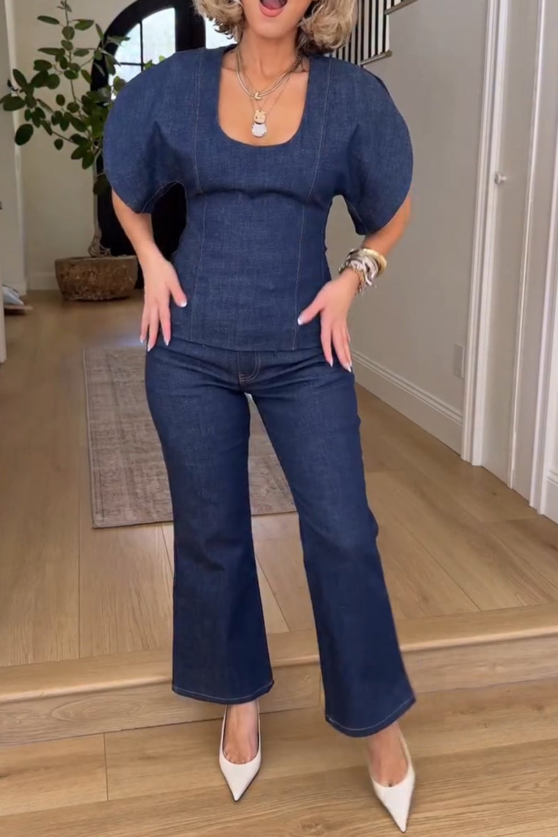 Women's Casual Curved Sleeve Denim Top or Ankle Jeans