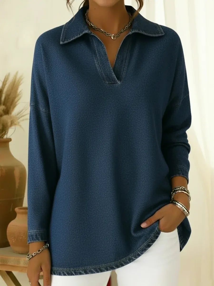 Unisex Casual Polo-neck Denim Sweatshirt