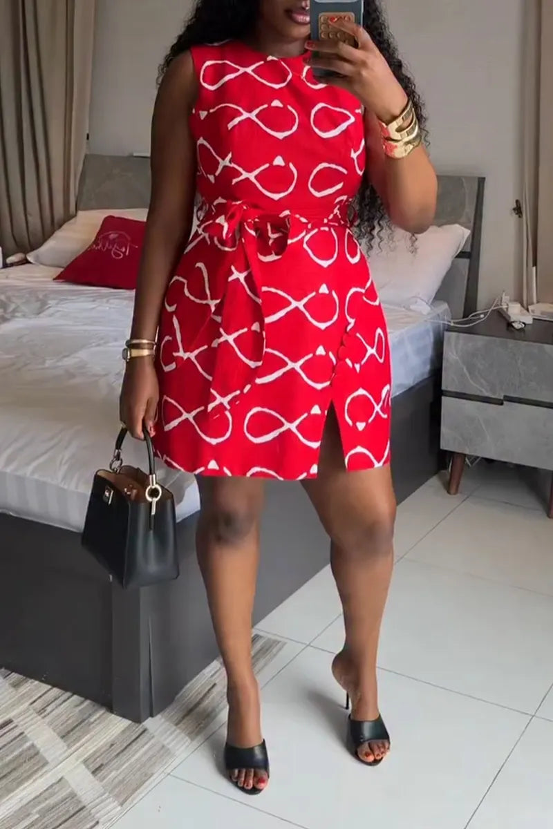 Women's Round Neck Printed Strap Casual Dress