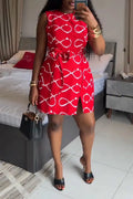 Women's Round Neck Printed Strap Casual Dress