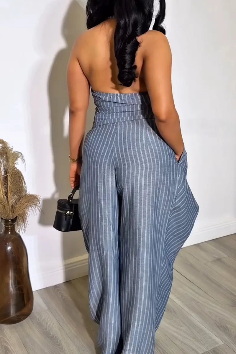 Women's Casual Drape Neck Stripe Top Silhouette Pants Two-Piece Set