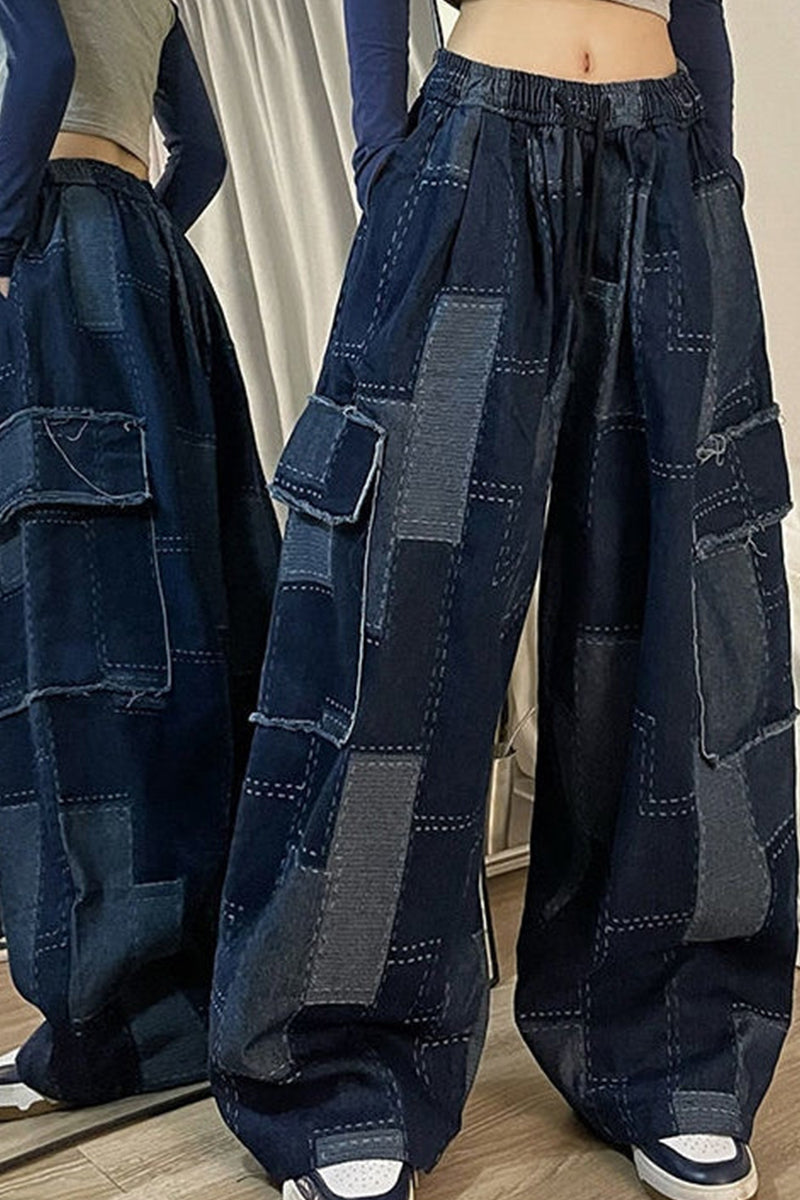 Women's Patchwork Wide Leg Jeans With Large Pockets