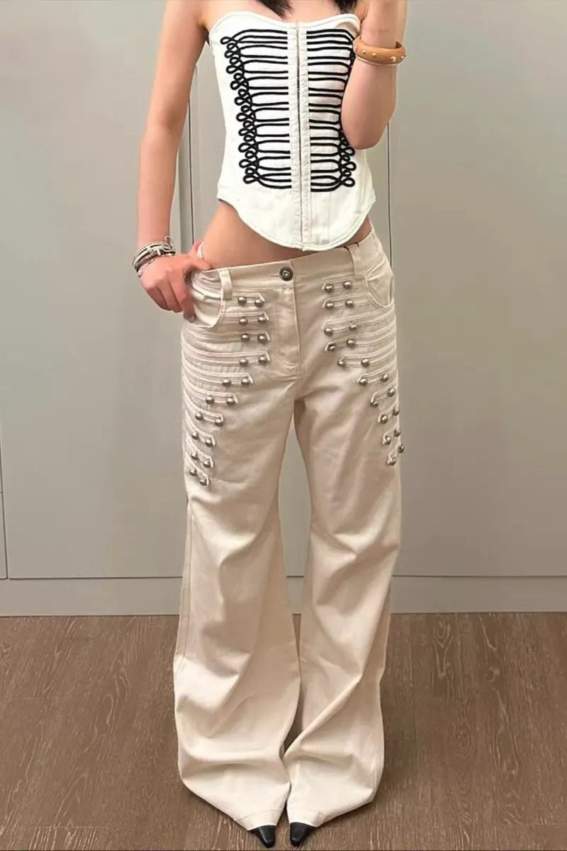 Women's Vintage Metal Button Design Wide Leg Jeans