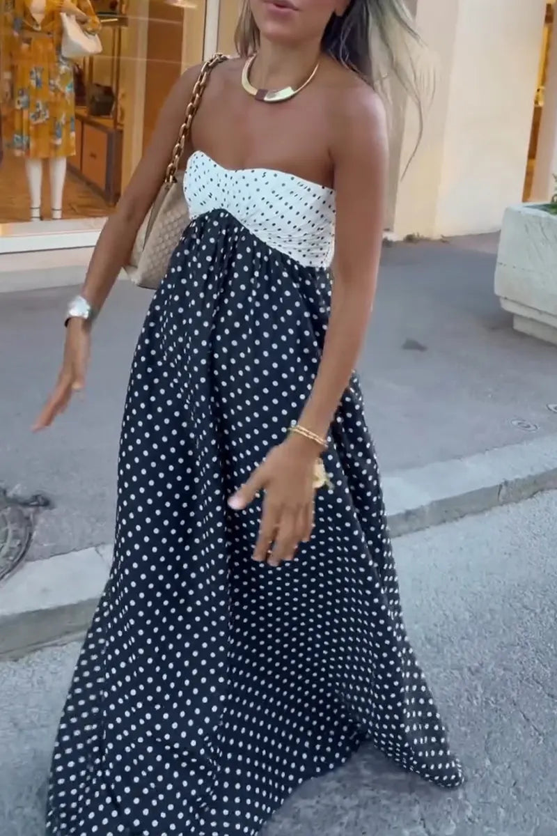 Women's Vacation Strapless Color Block Polka Dot Maxi Dress