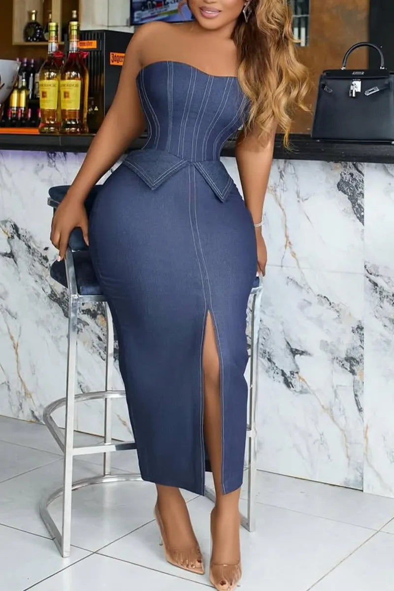 Women Elegant Temperament Strapless Denim Top or Split Denim Skirt