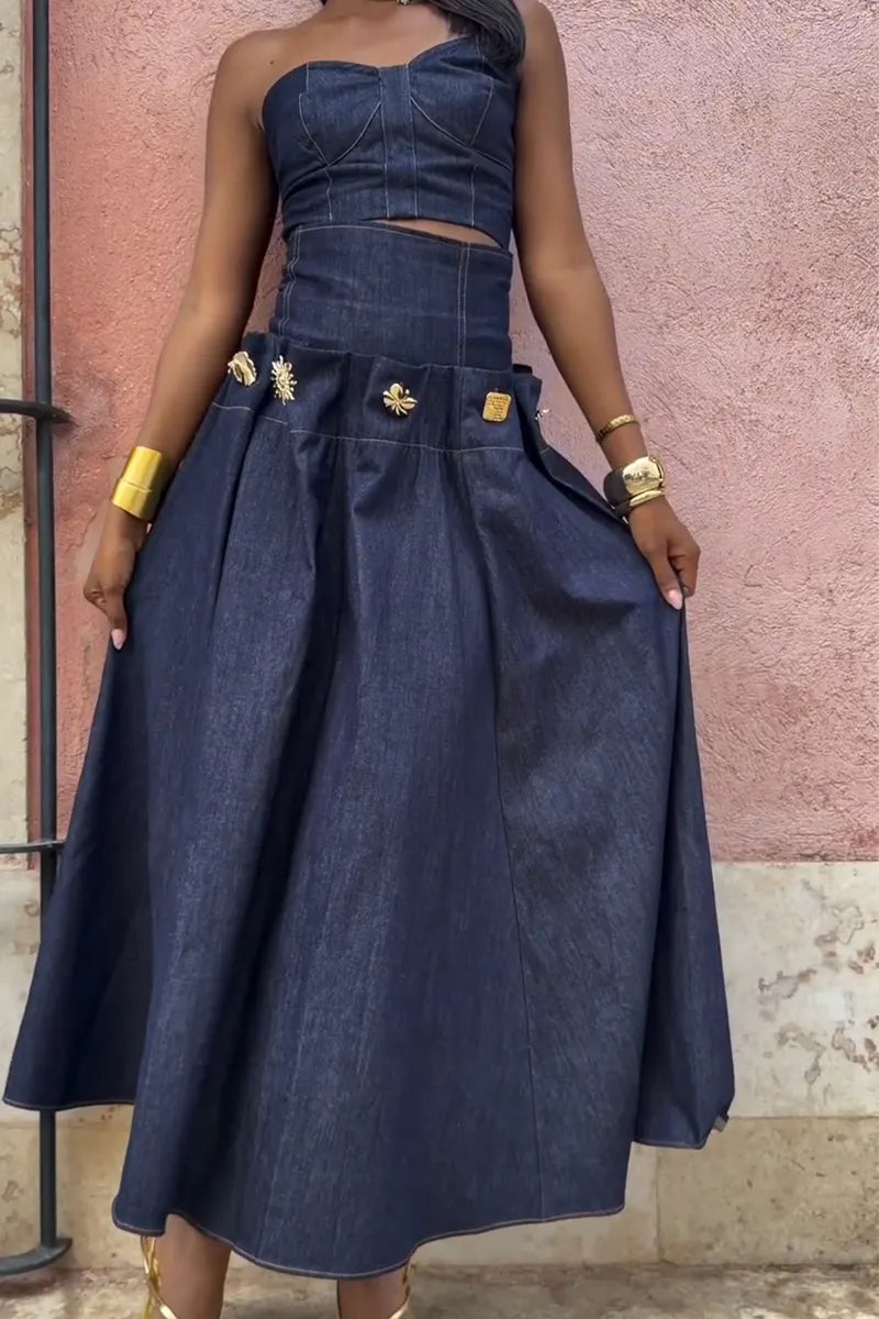 Women Strapless Denim Top or High Waisted Patchwork Denim Skirt