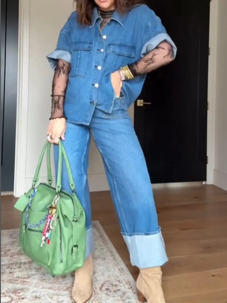 Casual Short-sleeved Denim Shirt And Jeans Two-piece Set