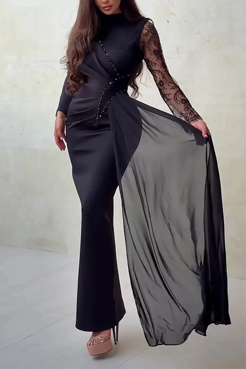 Women's Round Neck Patchwork Diamond Elegant Temperament Dinner Party Style Dress