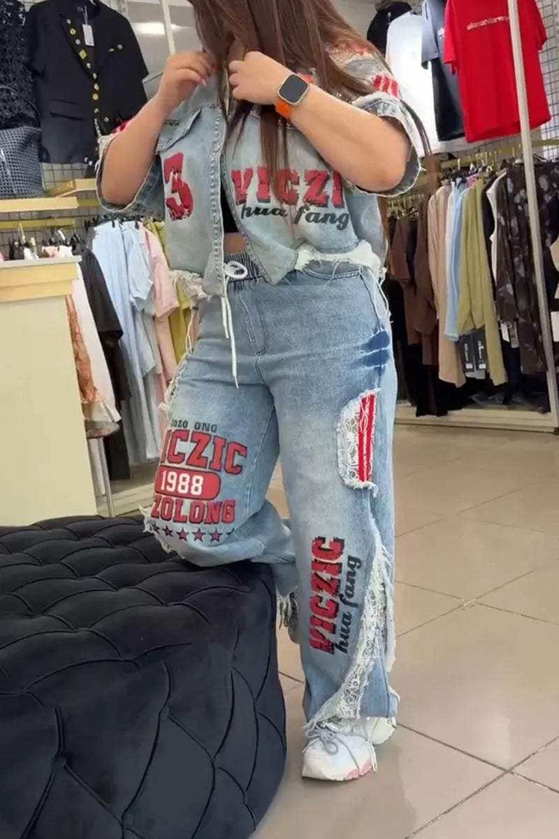 Women's Casual Letter Print Lace Panel Denim Jacket or Jeans