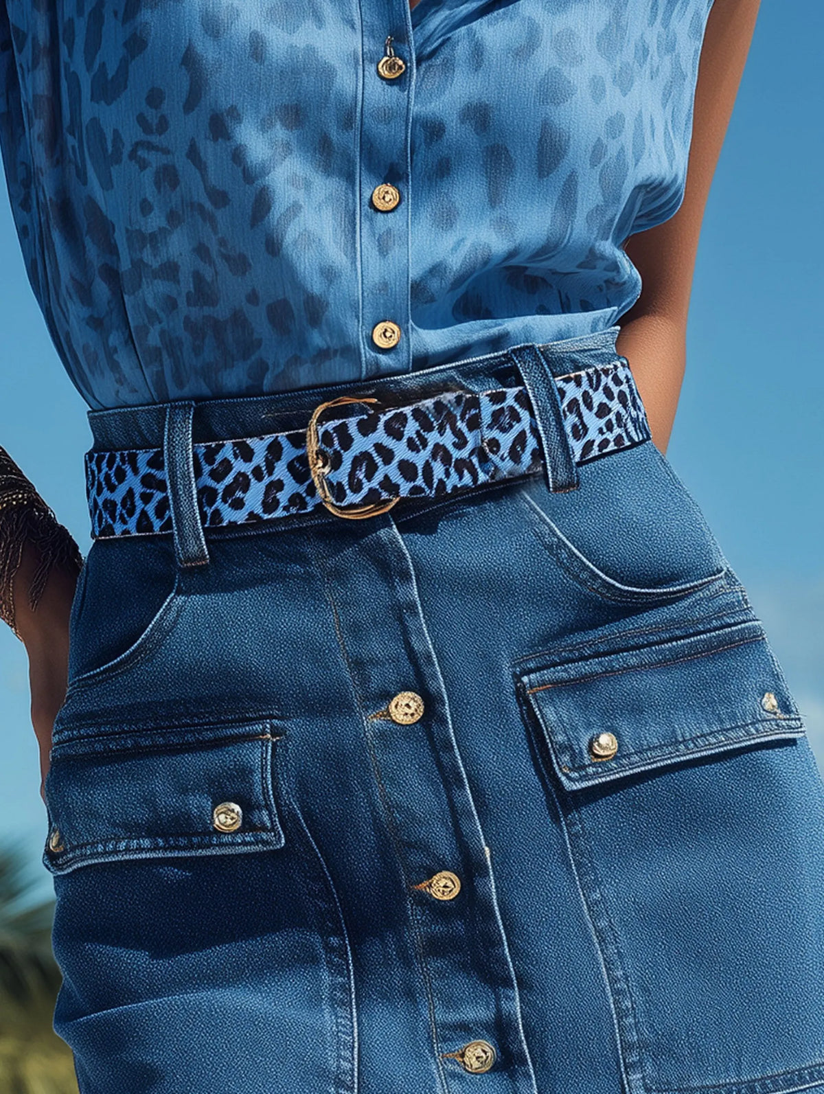 Stylish Vacation Leopard Print Belt And Blue Denim Mini Skirt