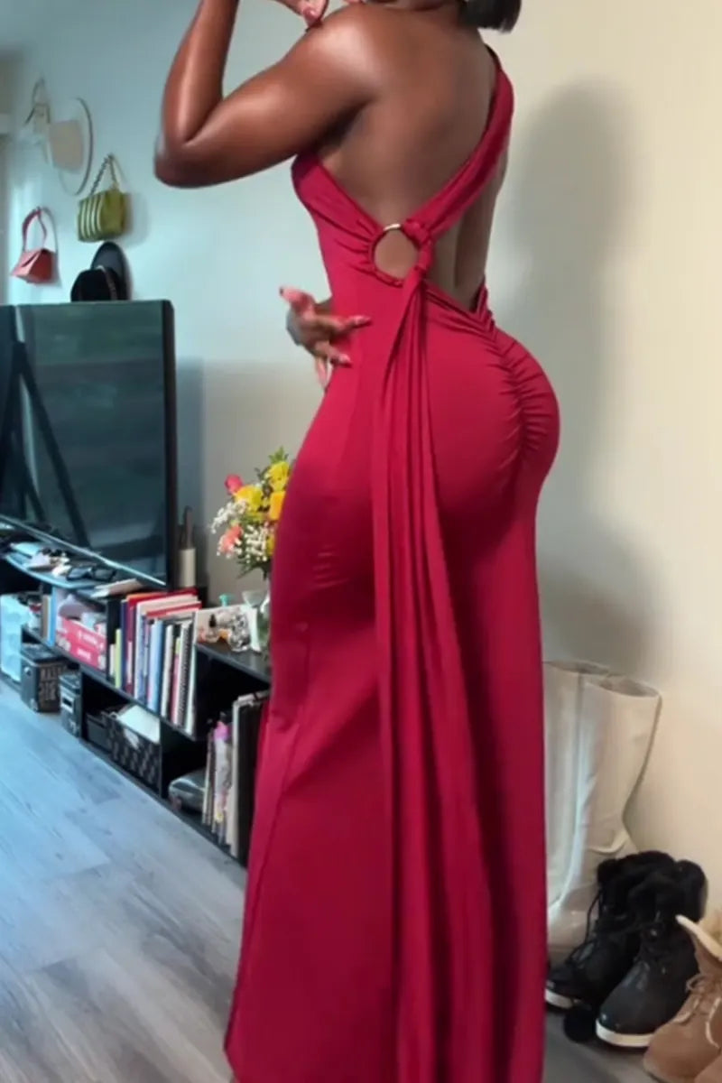 Women's Cutout Ruched Backless Bodycon Maxi Dress