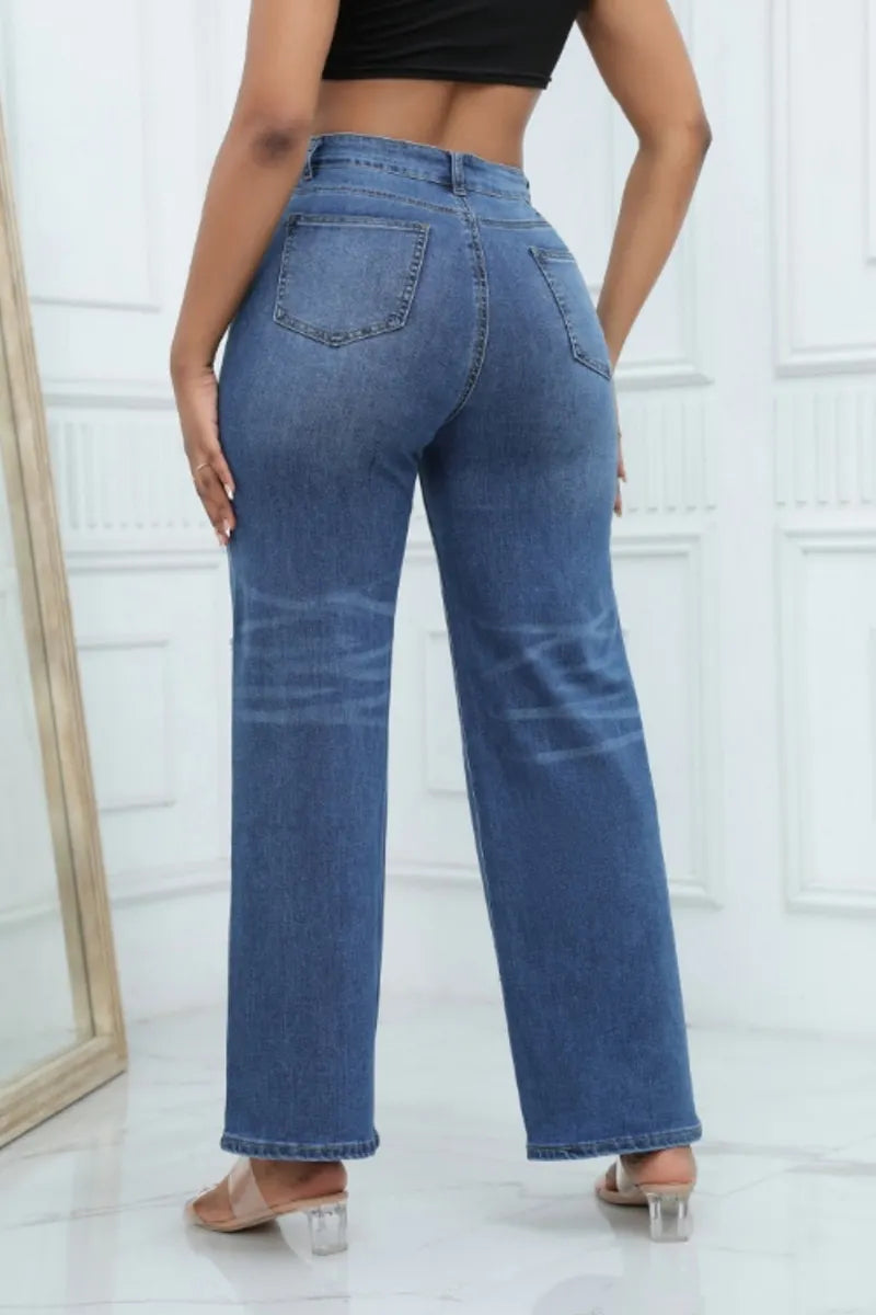 Fashion Mid Rise Wide Leg Flared Denim Jeans