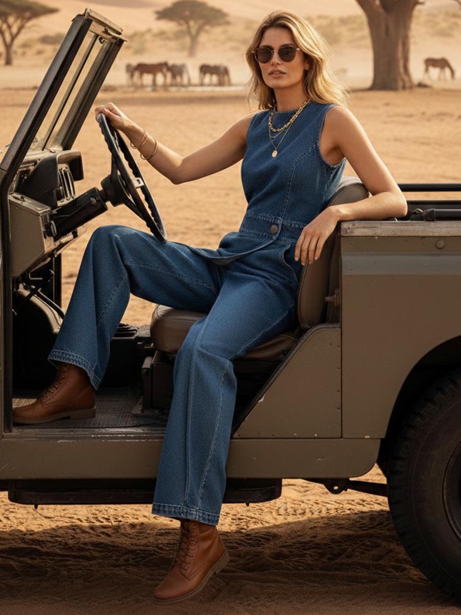 Buttoned Interlace Pockets Solid Color Split-Joint High Waisted Irregularity Round-Neck Jumpsuits