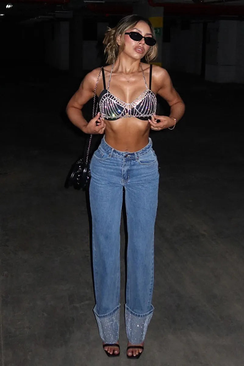 Women's Elegant Crystal High-Waist Jeans