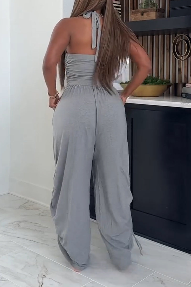 Women's Hanging Neck Splicing Solid Color Casual Jumpsuit