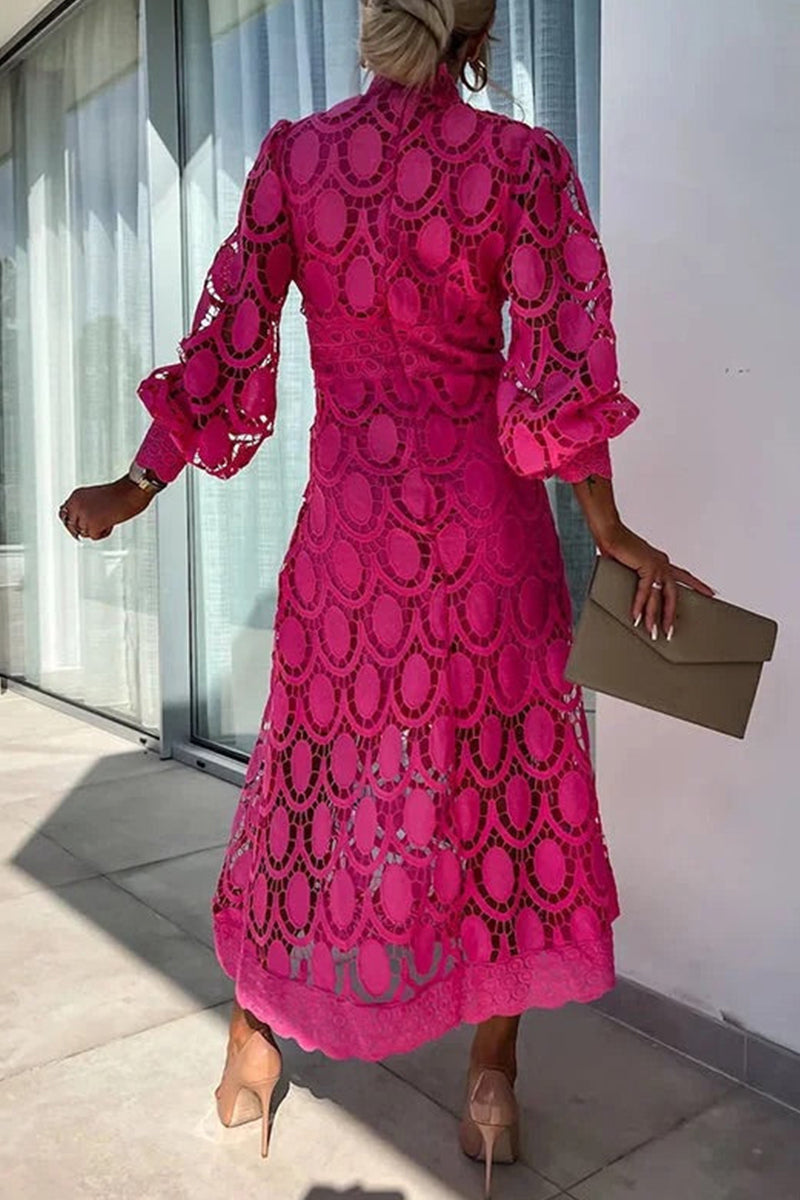 Women's Round Neck Waist Cinching Pattern Hollow Out Solid Color Elegant Temperament Dress