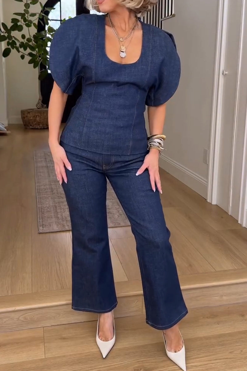 Women's Casual Curved Sleeve Denim Top or Ankle Jeans