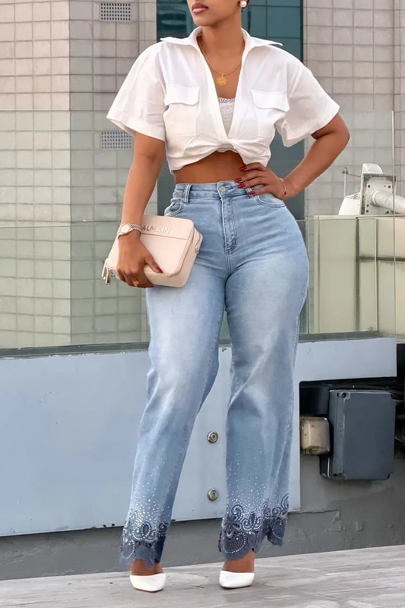 Women's Casual Versatile Short Shirt or Rhinestone Embroidery Hem Jeans