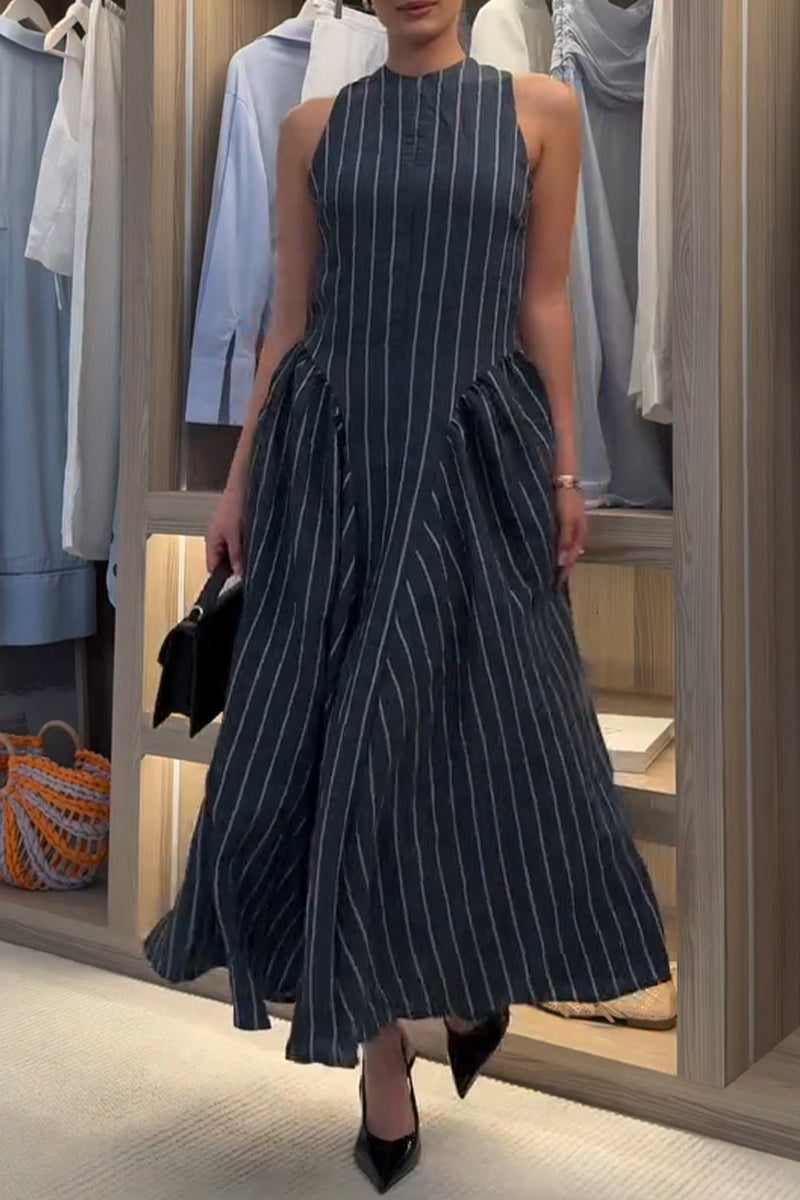 Women's Casual Side Pleated Stripe Maxi Dress