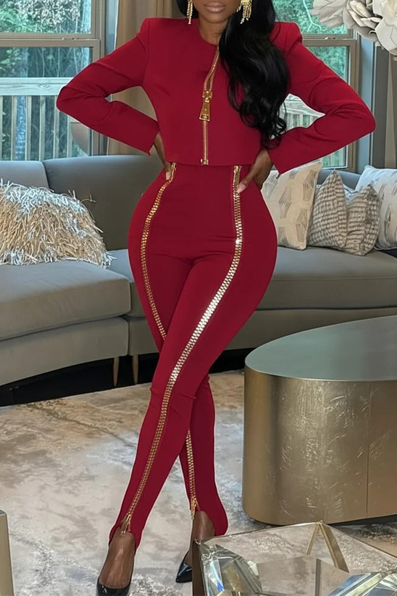 Women's Round Neck Zipper Short Top+ Tight Pants Casual Set with Temperament
