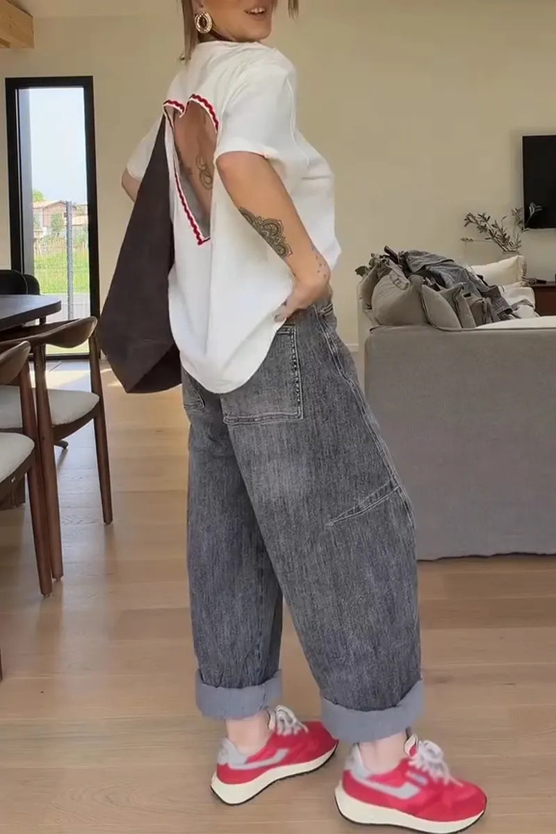 Women Casual Round Neck Heart-shaped Hollow Top or Washed Wide Leg Jeans