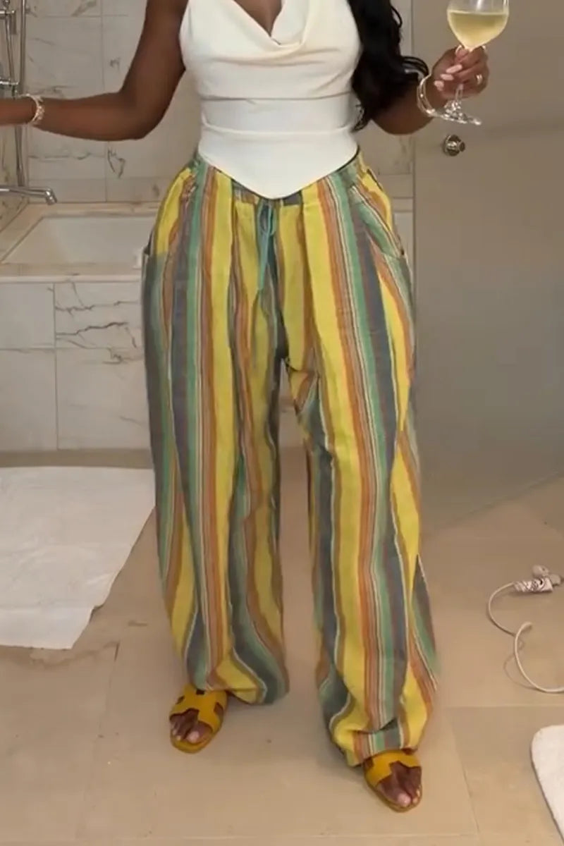 Women's Halter-neck Irregular Tops or Colorful Contrasting Casual Pants