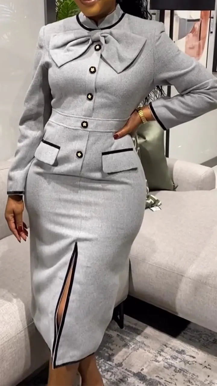 Women Round Neck Long Sleeved Patchwork Slit Style Commuting Midi Dresses
