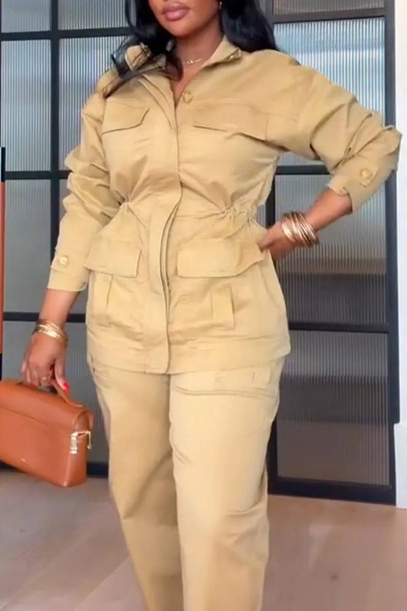 Women's Collar and Waist Cinched Casual Jacket Or Pants