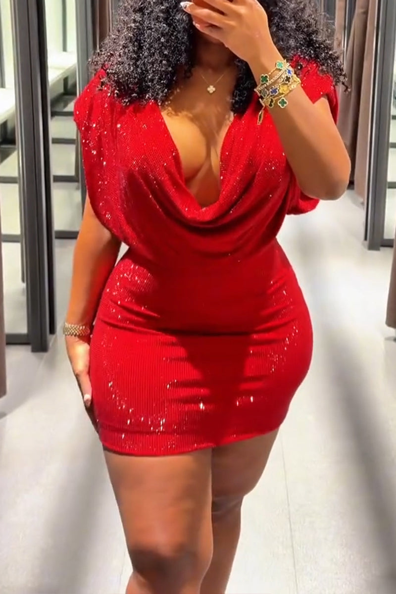 Women's Elegant Drape Neck Shiny Sequins Holiday Slim Mini Dress