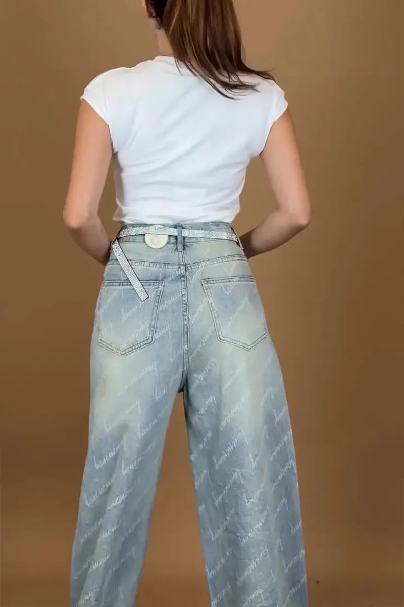 Women's Elegant Letter-Pattern Rhinestone Trim Jeans