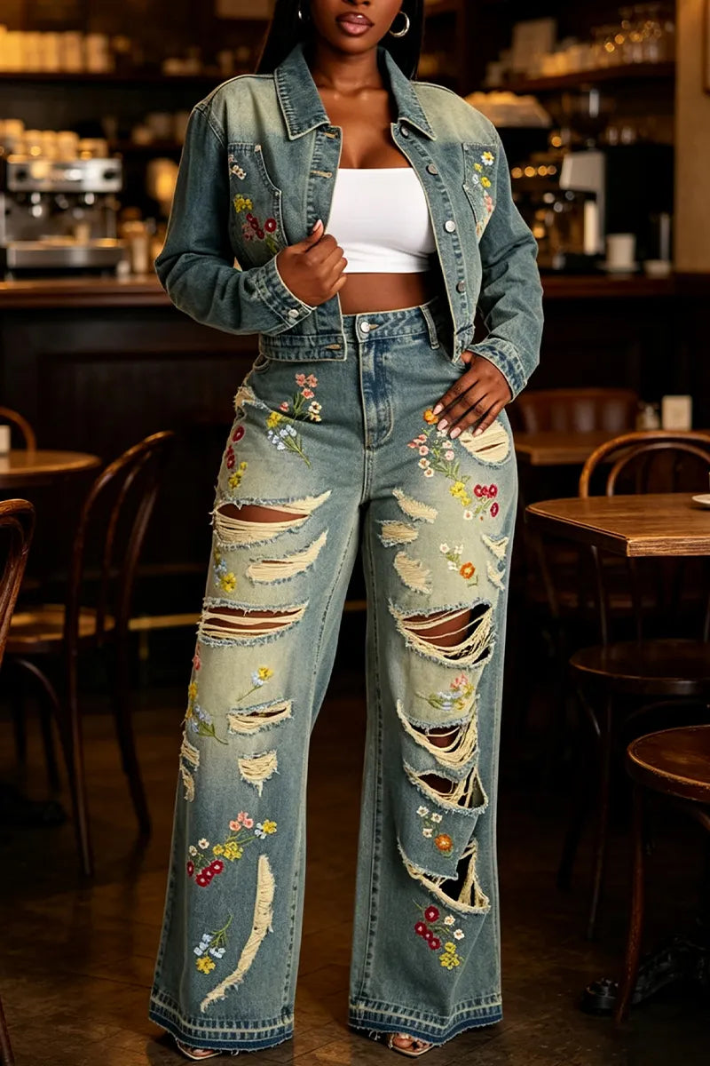 Women's Collar Washed and Embroidered Denim Jacket or Ripped Washed Jeans