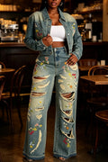 Women's Collar Washed and Embroidered Denim Jacket or Ripped Washed Jeans