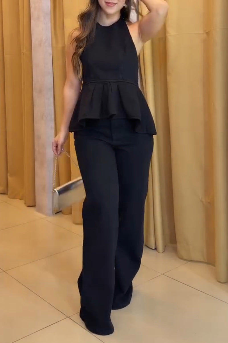 Women's Casual Backless Ruffle Hem Denim Vest or Wide Leg Jeans