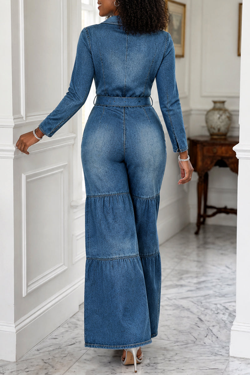 Women's Elegant Cowl Neck Long Sleeve Belted Tiered Blue Jumpsuit