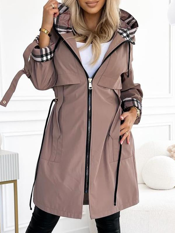Plaid-Lined Hooded Mid-Length Trench Coat