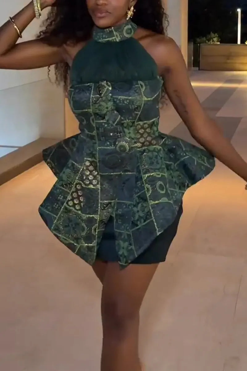 Women Neck Hanging Printed Irregular Top+ Half Skirt Elegant Temperament Set