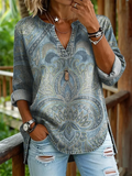 Ethnicity Light Blue Totem Women's Art Print Casual V-neck Washed Cotton Denim Top