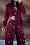 Women's Asymmetrical Collar Jacket or Perforated Pants with Corns