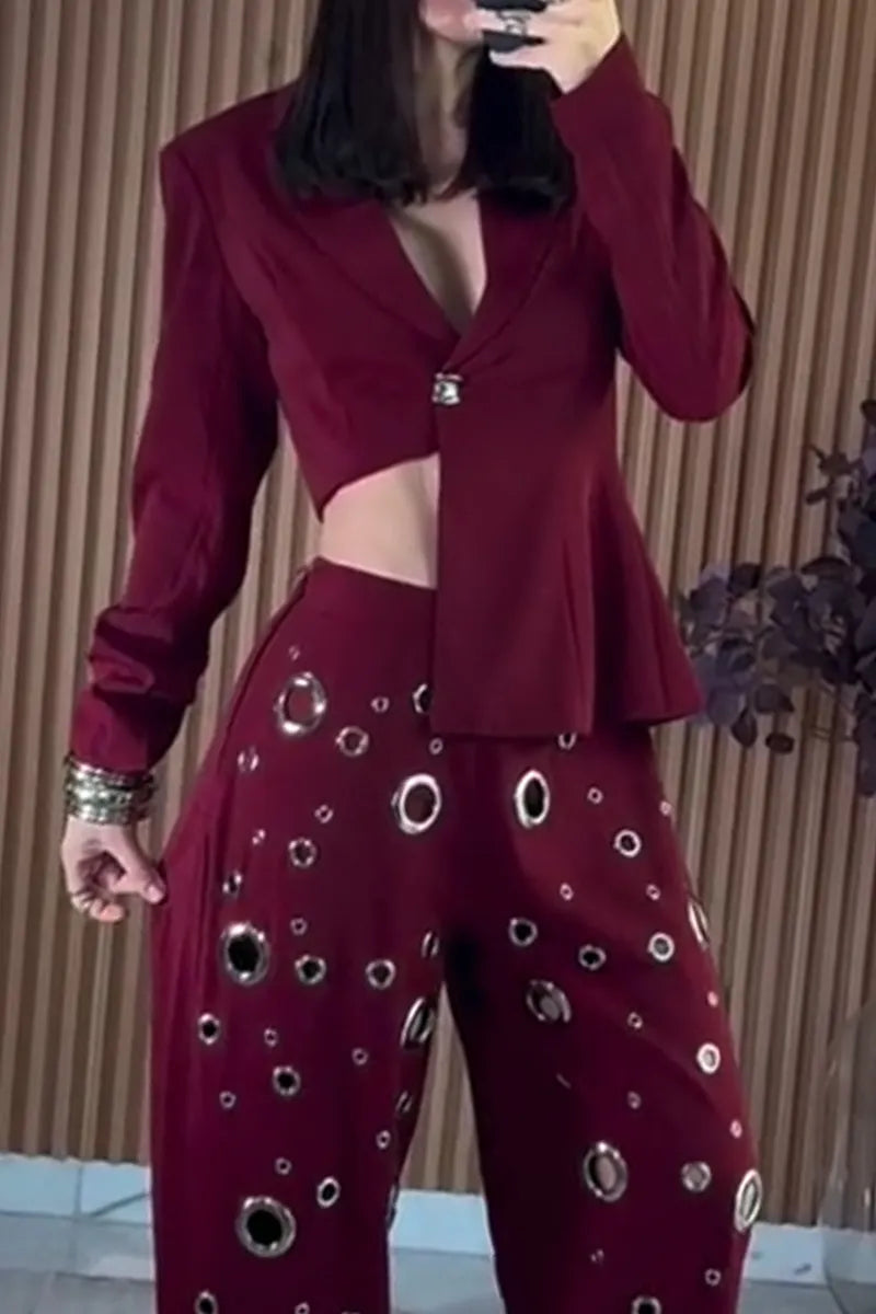 Women's Asymmetrical Collar Jacket or Perforated Pants with Corns