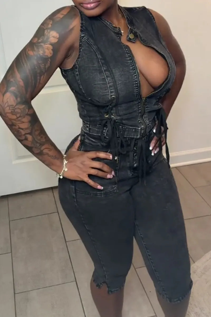Women's Casual Street Style Tie Waist Sleeveless Cropped Denim Top Or Tight Fitting Lace Up Denim Shorts