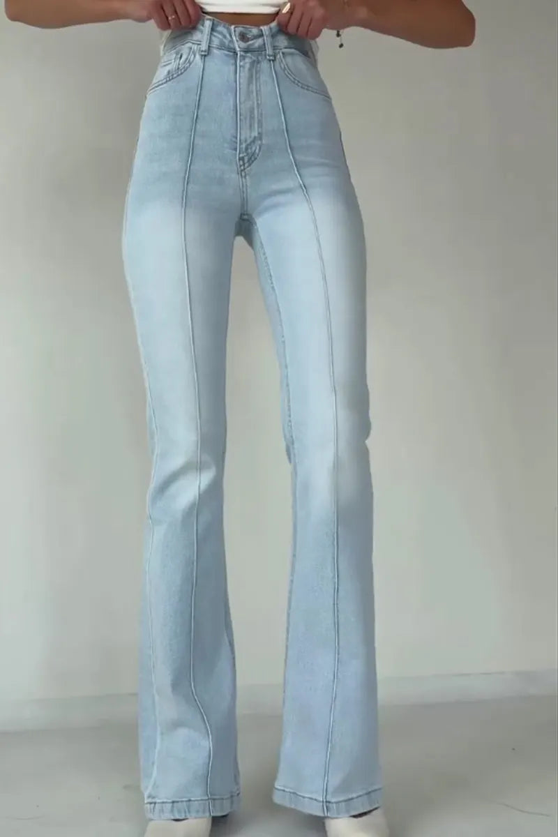 Women Slim Fit Front Stitch Detail Light Blue Bootcut Denim Pants