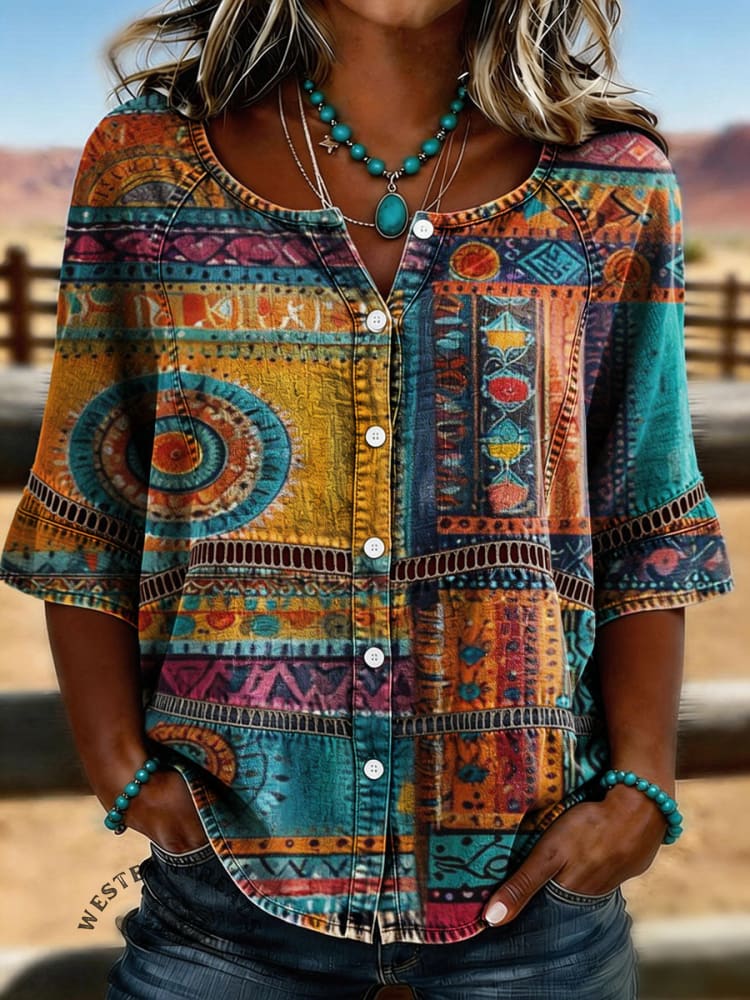 Vintage Ethnic Art Print Casual 3/4 Sleeves Hollow Denim Shirt