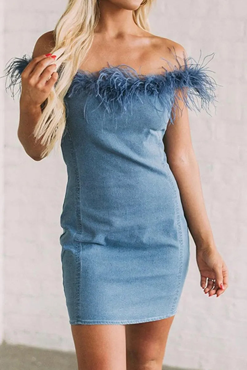 Women's Patchwork Frayed Off Shoulder Fitted Short Denim Dress