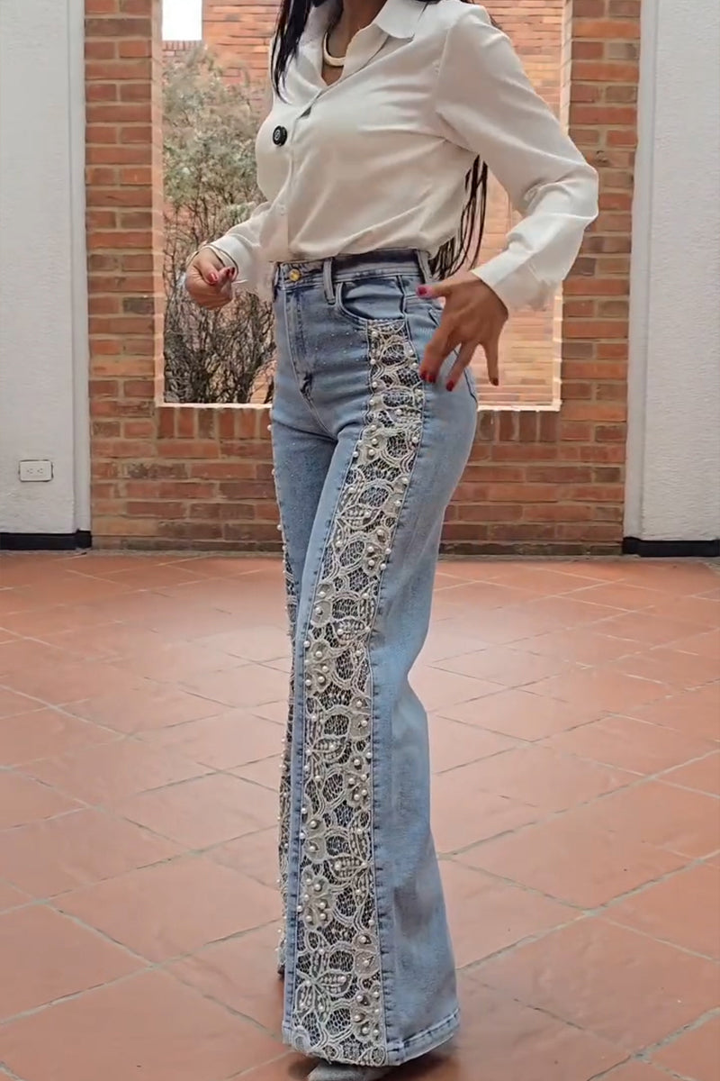 Women's Fashion Lace Patchwork Beads Decoration Wide Leg Jeans